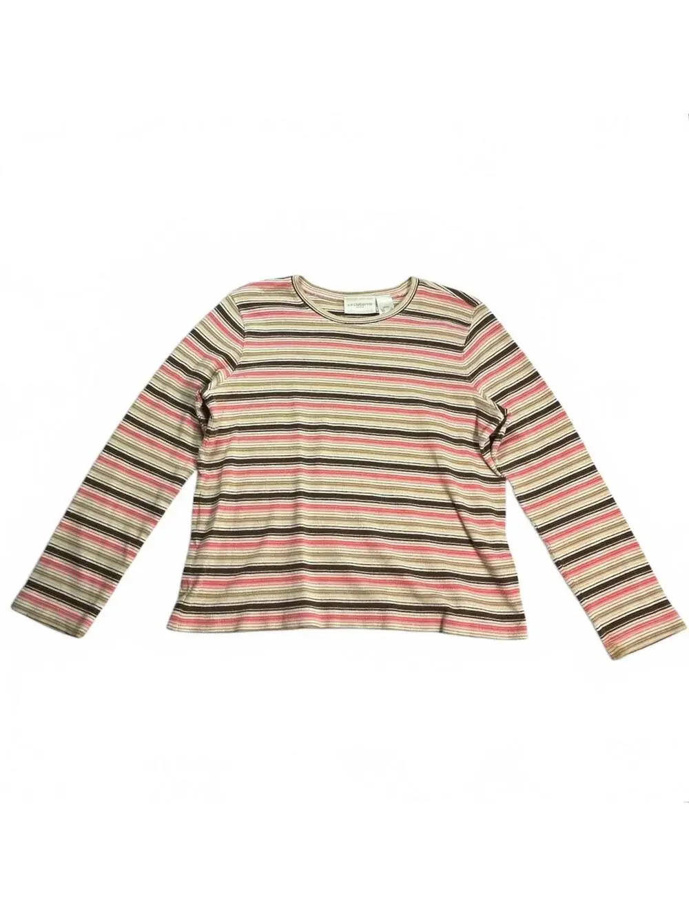 Liz Claiborne Petites Long Sleeve Striped Knit Top Coral Beige Ribbed PS Casual